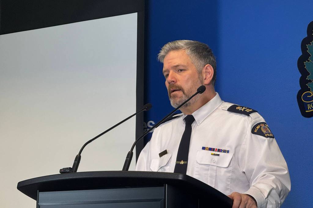 Police briefing in B.C. RCMP headquarters in Surrey on Feb. 11, 2026. (Lauren Collins/Black Press Media)
