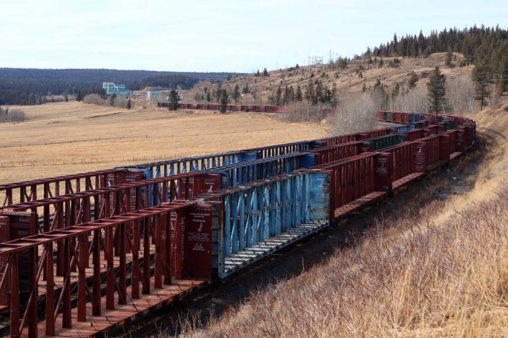 Several cargo rail cars sit at the CN rail tracks at the Exeter industrial area of 100 Mile House on Feb. 12, 2026. (Misha Mustaqeem photo - 100 Mile Free Press)