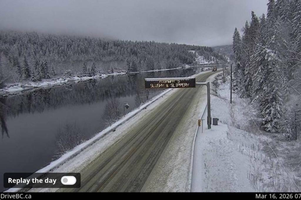 Environment Canada had a yellow snowfall warning up for the North Thompson, Shuswap, North Okanagan and Yellowhead Highway on Monday, March 16, 2026. The DriveBC camera shows Highway 5 near Little Fort looking south. (Drive BC)